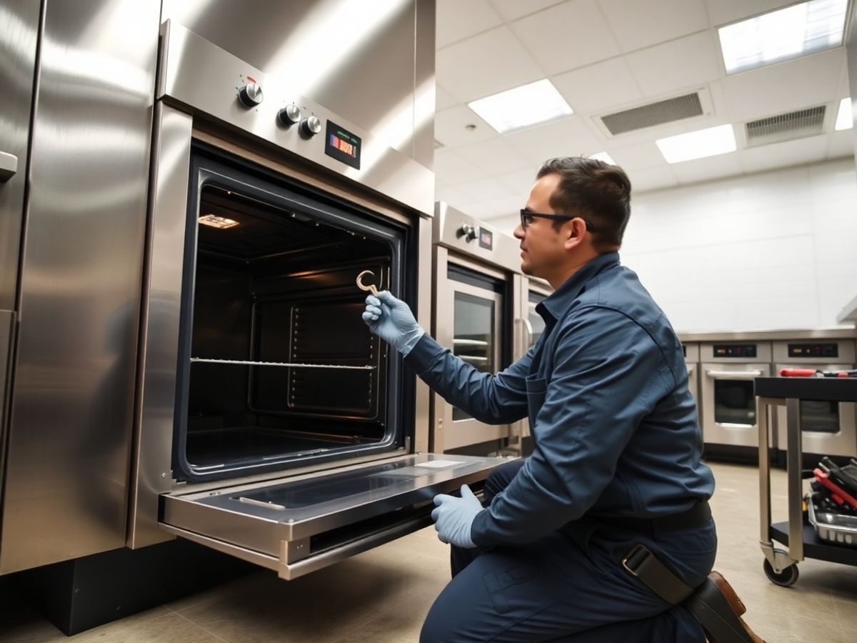 Technician using wrench to repair large commercial stainless steel oven.