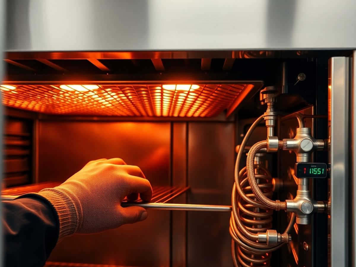Technician’s gloved hands adjusting stainless steel oven knobs under lighting