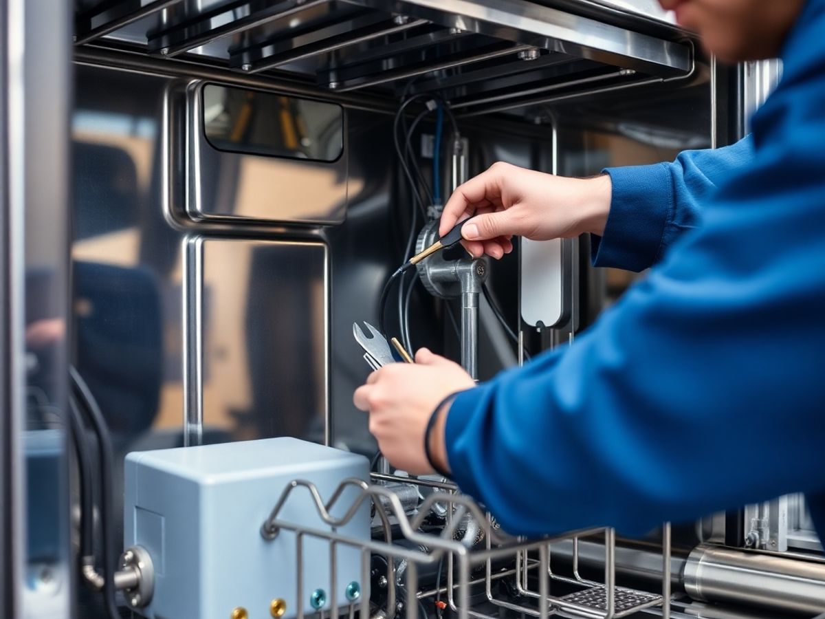 Mechanic fixing industrial dishwasher.