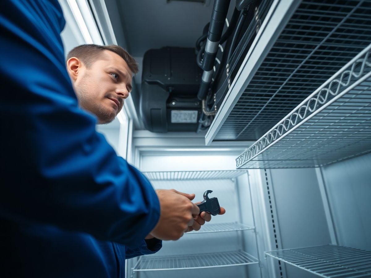 Mechanic repairing a walk-in cooler