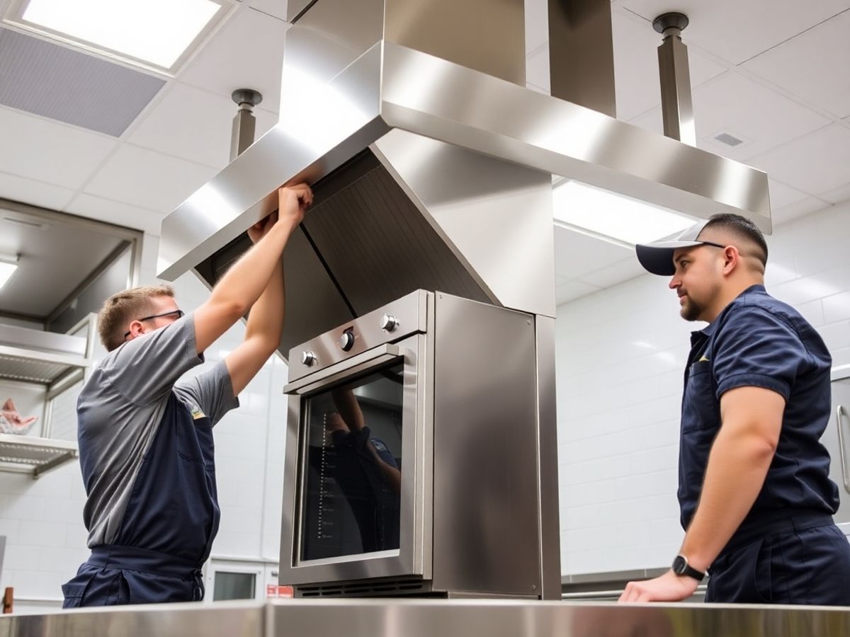 Workers install kitchen equipment in restaurant.