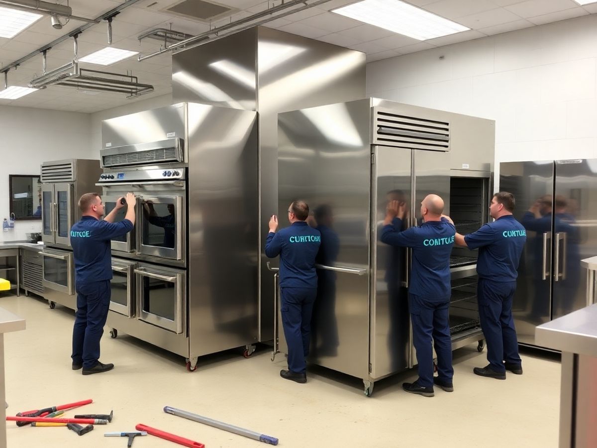 Commercial kitchen appliances being installed by technicians.