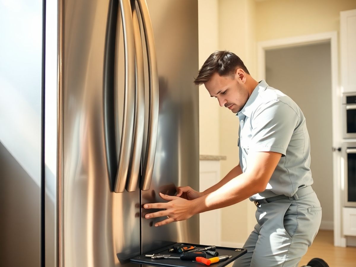 Technician repairing a refrigerator in a kitchen.