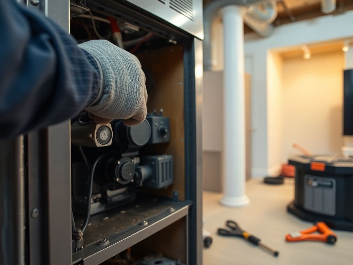 Technician repairing furnace in residential basement.