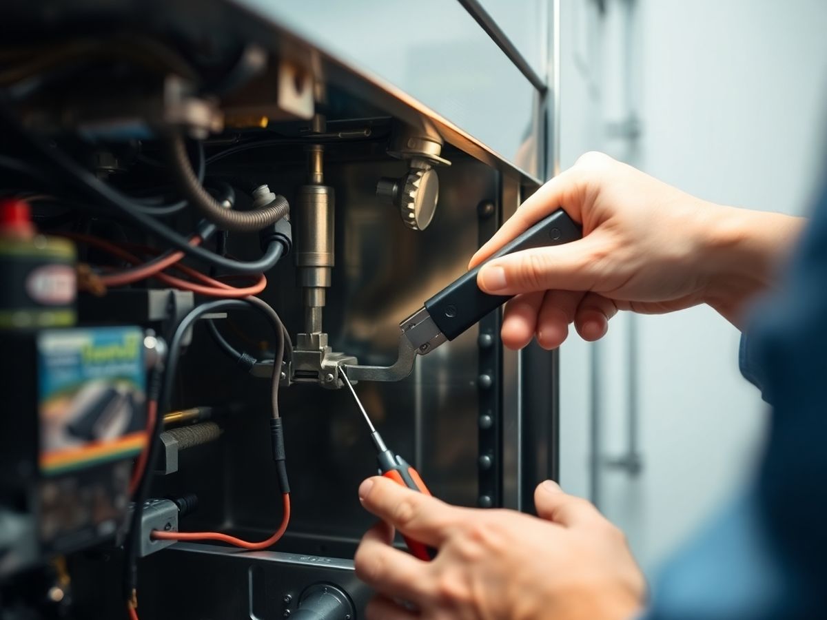 Mechanic fixing commercial kitchen equipment, close-up.