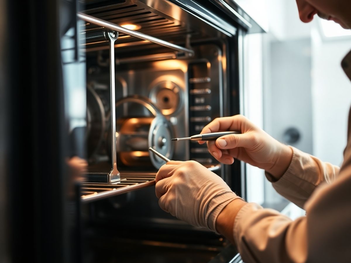 Mechanic inspecting commercial kitchen equipment.