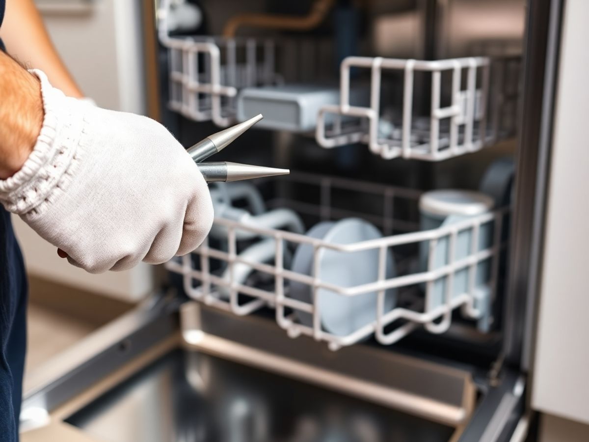 Broken dishwasher, technician preparing repair.