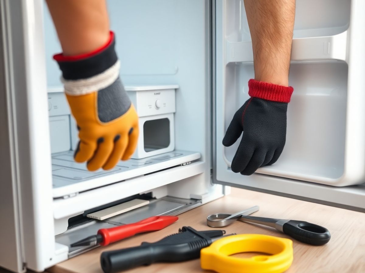 Appliance repair person fixing a refrigerator.