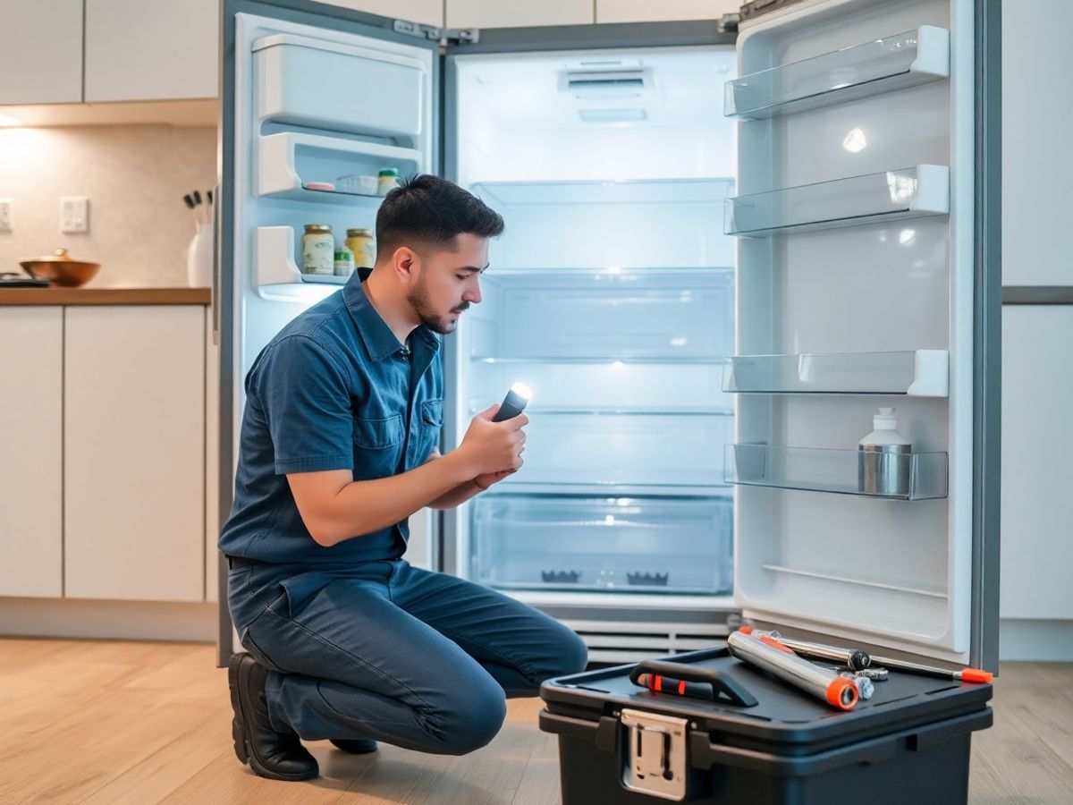 Technician inspecting a refrigerator's interior.