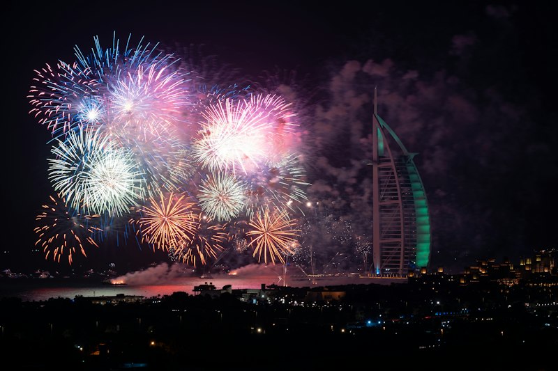 Fireworks lighting up the Dubai skyline at night