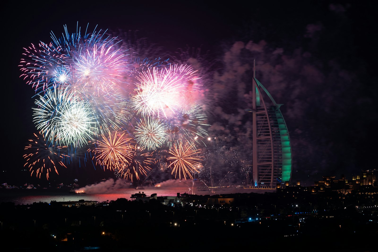 Fireworks lighting up the Dubai skyline at night