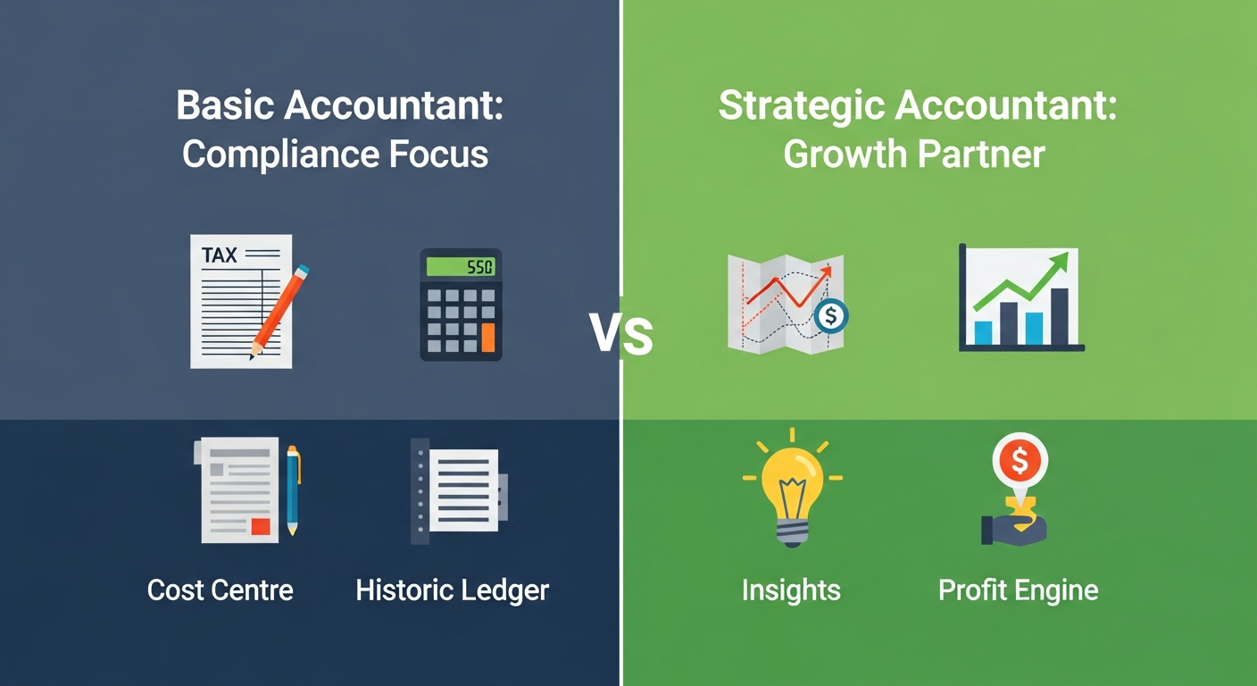Infographic comparing a basic, compliance-focused accountant to a strategic, growth-focused accountant. The left side shows icons for taxes and ledgers, labeled 'Cost Centre'. The right side shows icons for growth charts and strategy, labeled 'Profit Engine'.