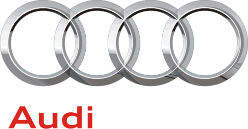 Audi logo with four interlinked silver rings above the red Audi wordmark.