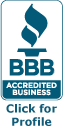 Better Business Bureau accredited business badge with blue flame and text.