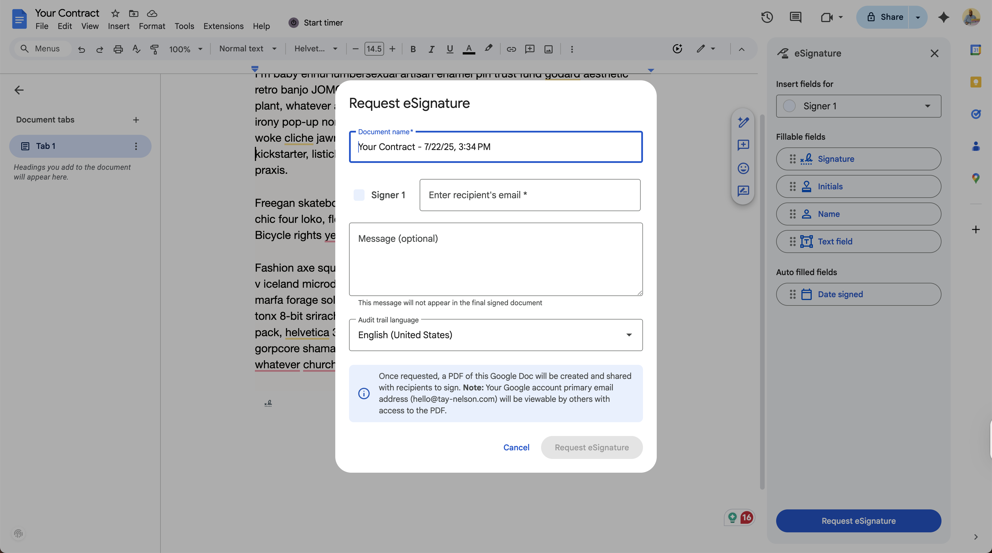 Screenshot of Google Docs request eSignature feature for photographers