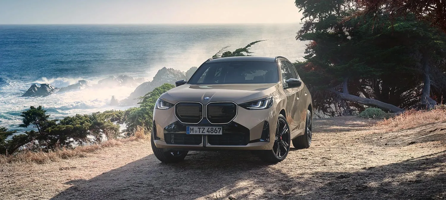BMW X3 20 xDrive in Beige auf einer Küstenstraße mit Blick auf Meer, Felsen und Bäume – BMW Baum Automobile in Bad Neuenahr-Ahrweiler