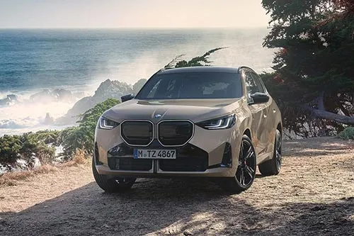BMW X3 20 xDrive in Beige auf einer Küstenstraße mit Blick auf Meer, Felsen und Bäume – BMW Baum Automobile in Bad Neuenahr-Ahrweiler