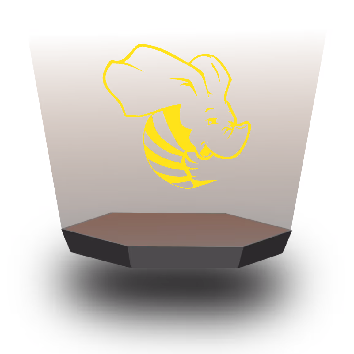 Yellow elephant head with bee body logo on a brown gradient hexagonal stand casting a shadow.