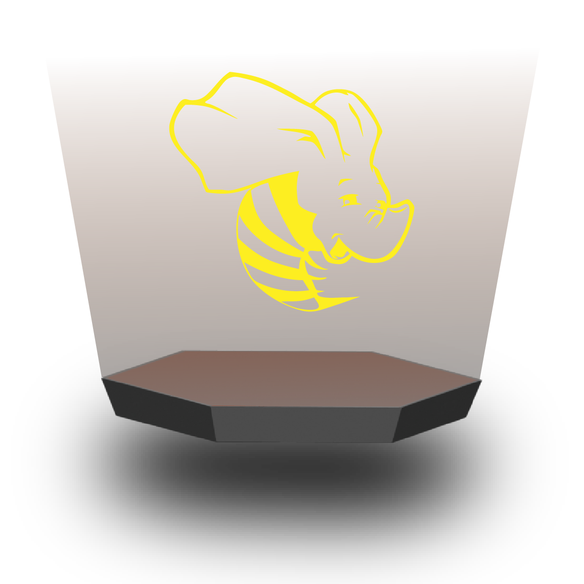 Yellow elephant head with bee body logo on a brown gradient hexagonal stand casting a shadow.