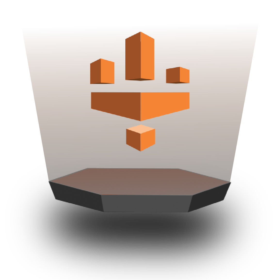 3D orange AWS Glue Data Catalog logo floating above a gray hexagonal platform with a gradient brown background.