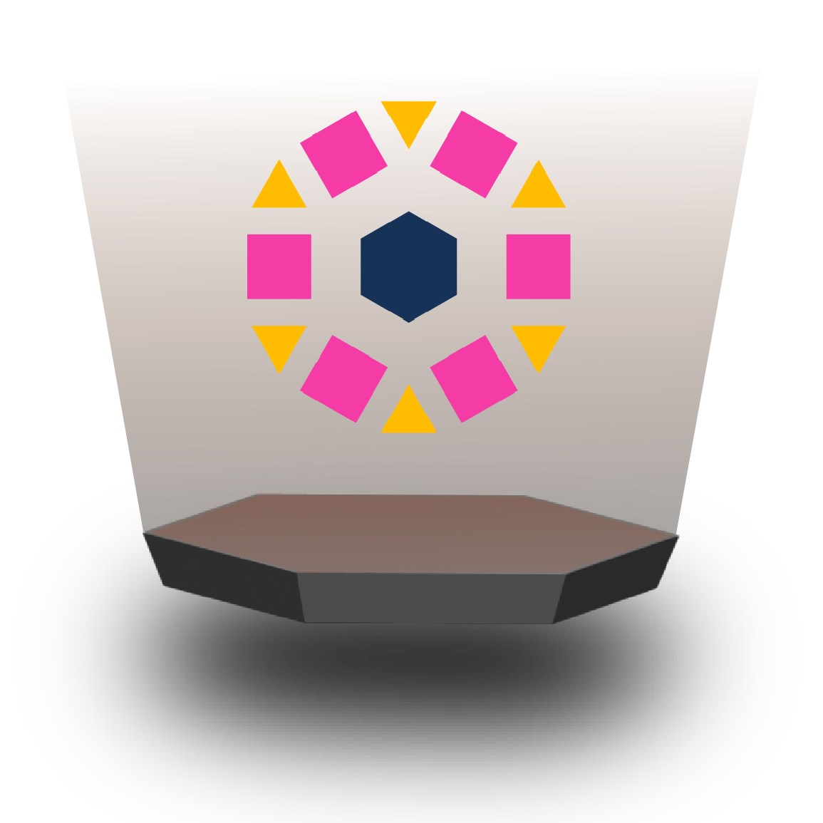 Icon of a dark blue hexagon surrounded by alternating pink squares and orange triangles arranged in a circle on a brown gradient background.