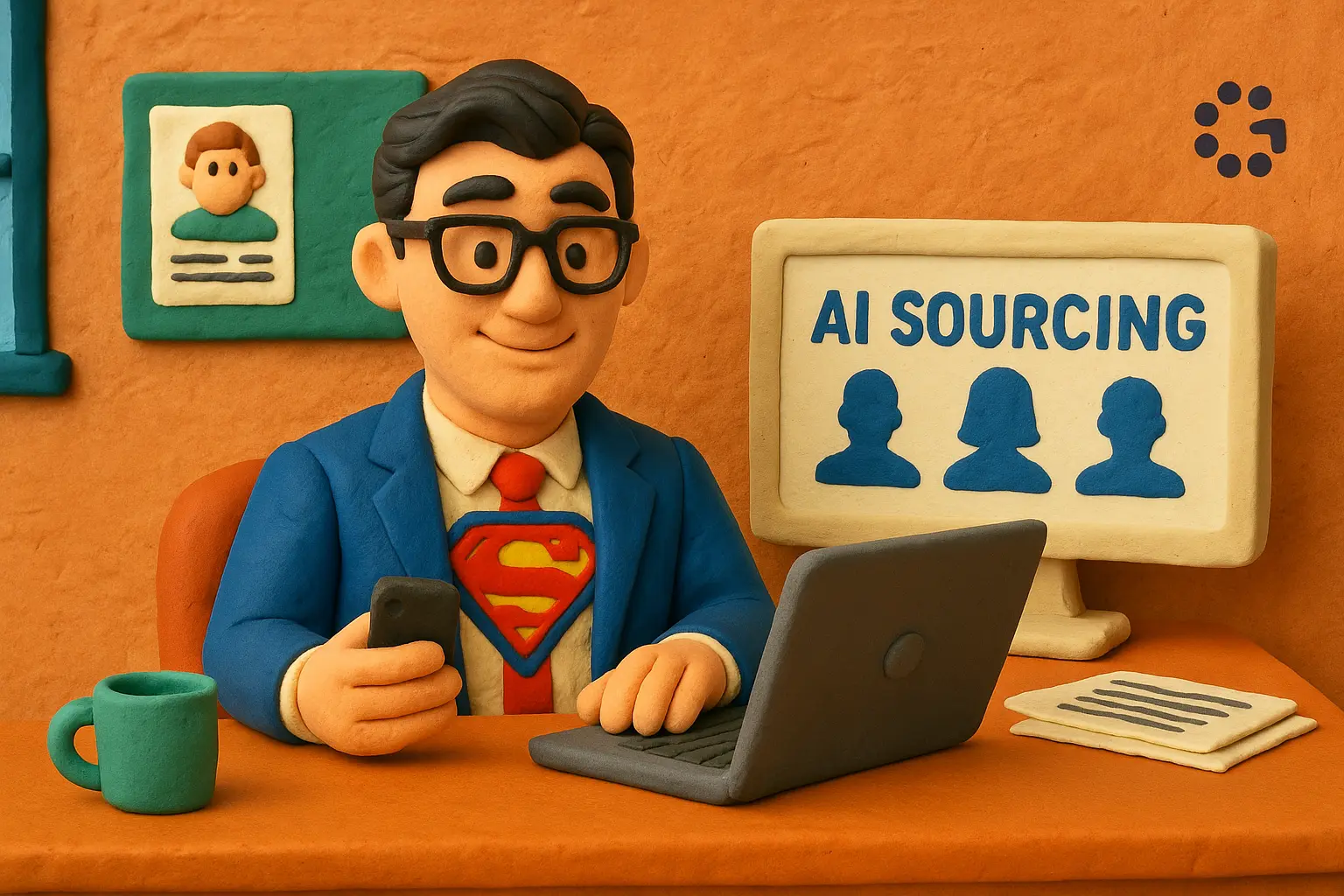 Claymation-style illustration of Clark Kent as a recruiter in an office, wearing glasses and a suit with the Superman logo showing underneath. He works on a laptop with a phone in hand, beside a screen that says “AI Sourcing” and a subtle Glozo logo in the background.
