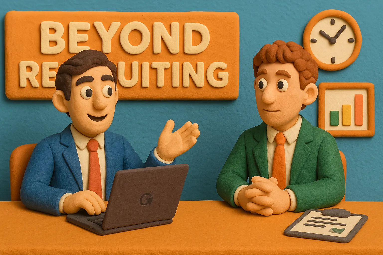 Claymation-style illustration of a talent advisor and a business professional discussing hiring strategy in a colorful office setting, with the phrase “Beyond Recruiting” on the wall and a hidden GLOZO logo subtly integrated into the scene.