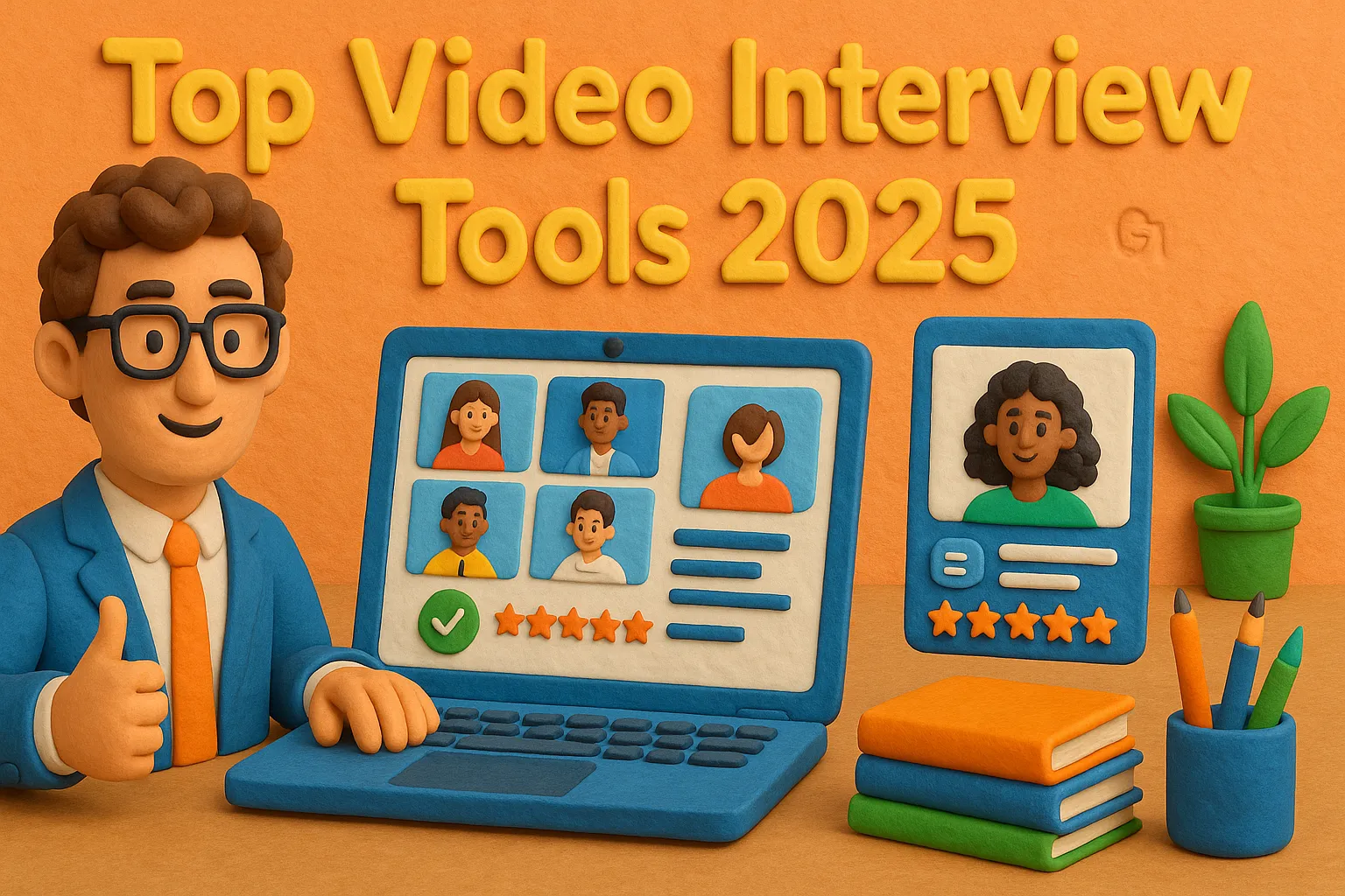 Claymation-style illustration of a cheerful recruiter giving a thumbs-up in front of a laptop showing multiple candidate videos, with “Top Video Interview Tools 2025” text in the background and a hidden GLOZO logo subtly embedded in the orange wall.