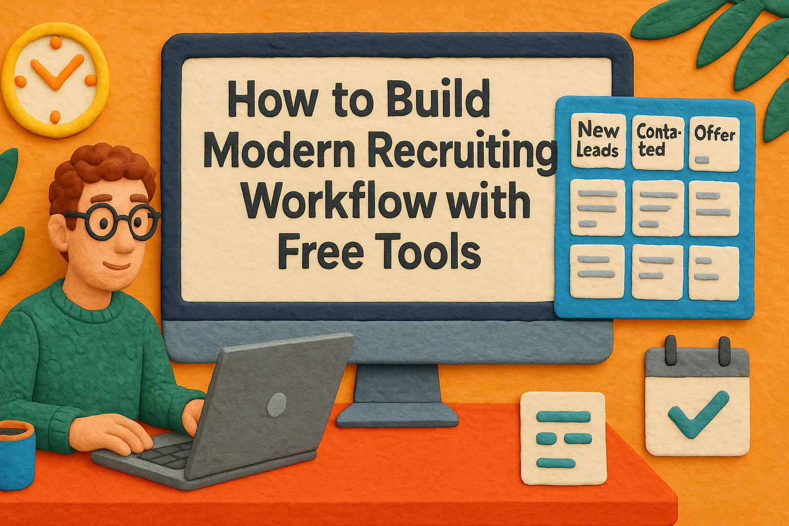 Claymation-style illustration of a recruiter using a laptop, with a large screen displaying “How to Build a Modern Recruiting Workflow with Free Tools,” surrounded by task boards, calendar, checklist, and tropical leaves.