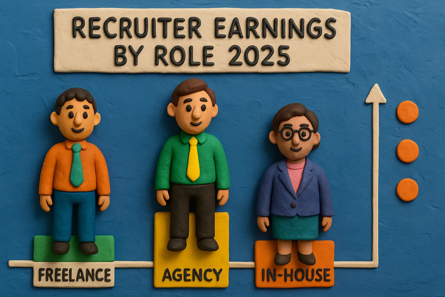 Claymation-style illustration showing three recruiter types: Freelance, Agency, and In-House - each standing on labeled blocks representing their earnings levels in 2025, set against a stylized graph background.