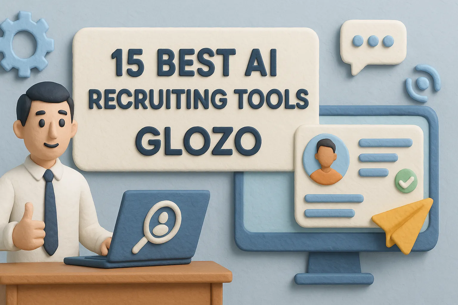 Clay-style illustration of a recruiter at a desk using AI recruiting software, with a screen showing candidate profiles and a “15 Best AI Recruiting Tools – Glozo” banner in soft blue tones.