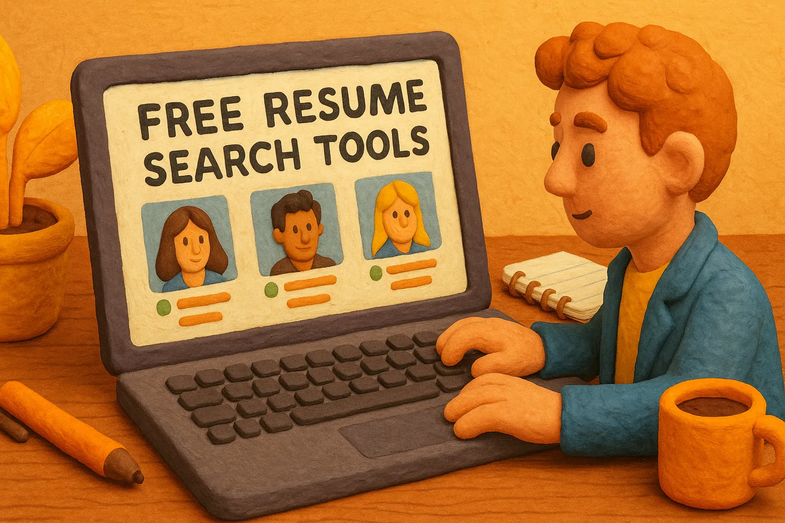Claymation-style illustration of a recruiter using a laptop to search for resumes, with candidate profiles displayed on the screen, surrounded by office items like a notebook, coffee mug, and plant.
