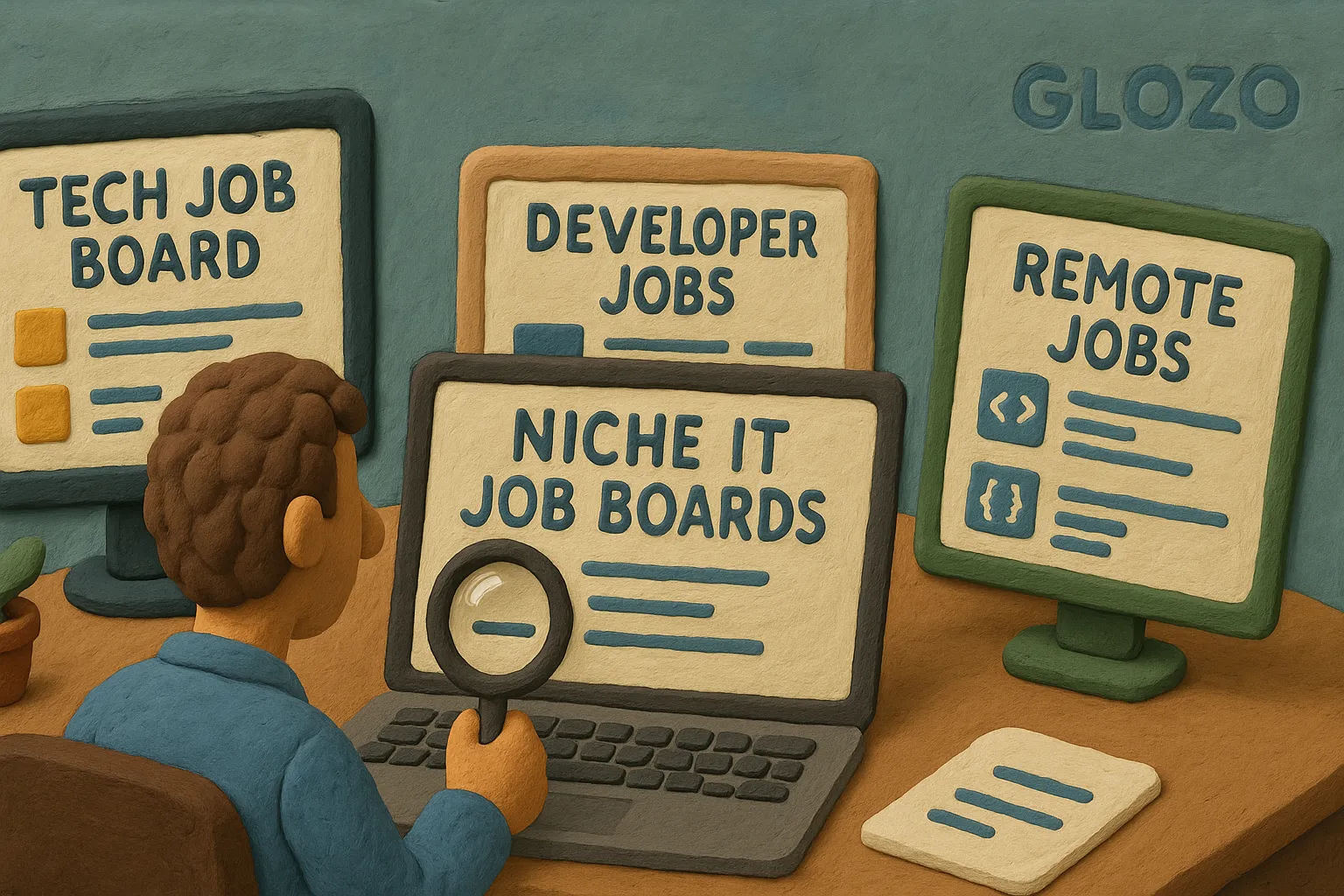 Claymation-style illustration of a recruiter analyzing multiple screens showing niche IT job boards, including labels like "Developer Jobs" and "Remote Jobs," with a hidden Glozo logo subtly embedded in the background wall.