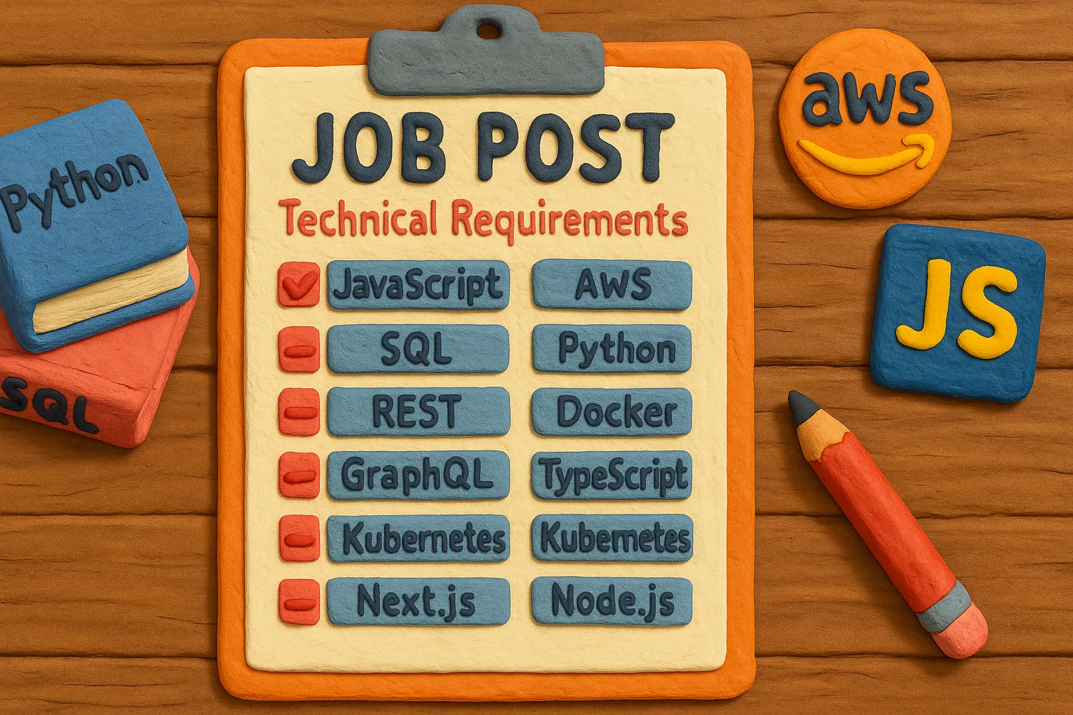 Claymation-style illustration of a job posting on a clipboard listing technical skills like JavaScript, AWS, Python, Docker, and SQL, with related clay icons and books.