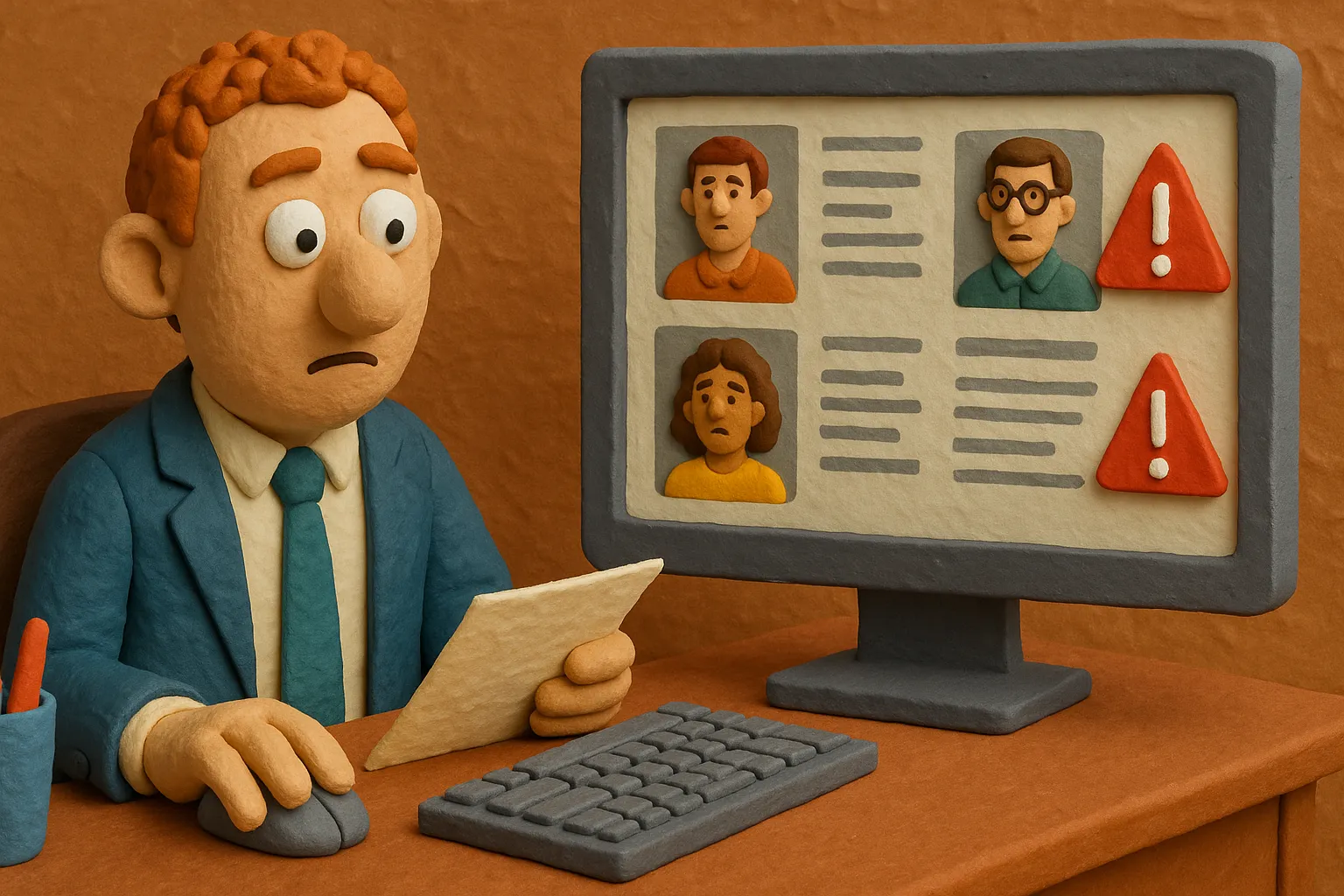 Claymation recruiter reviewing candidate profiles with warning symbols on screen.