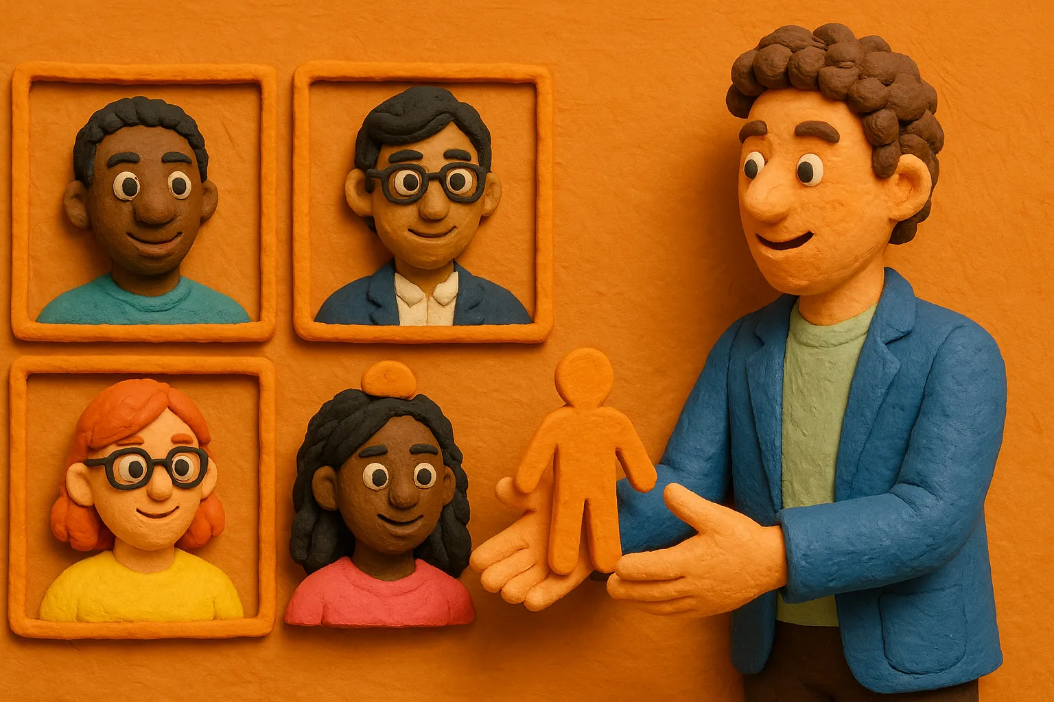 Claymation recruiter placing a puzzle piece to build a diverse startup team.