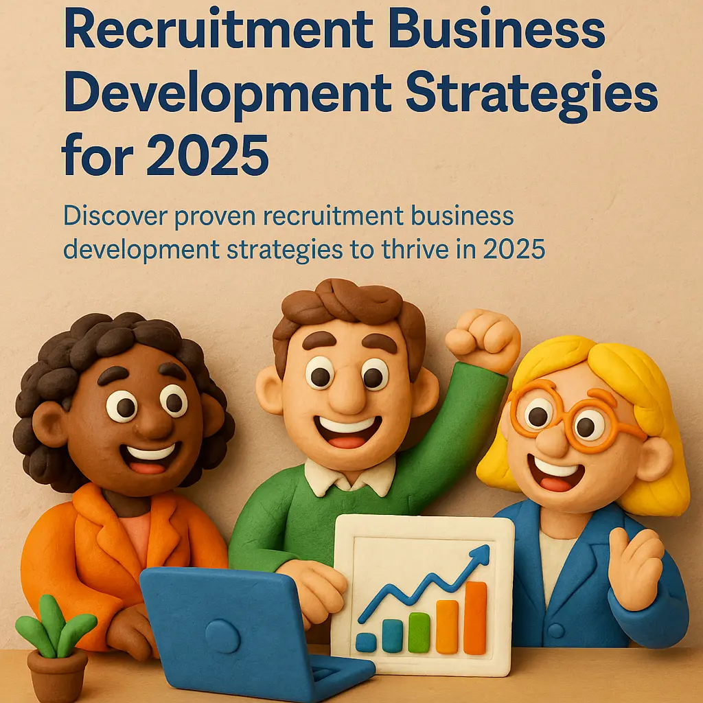 Claymation-style illustration of three cheerful recruiters collaborating around a laptop and growth chart, symbolizing recruitment business development strategies for 2025.