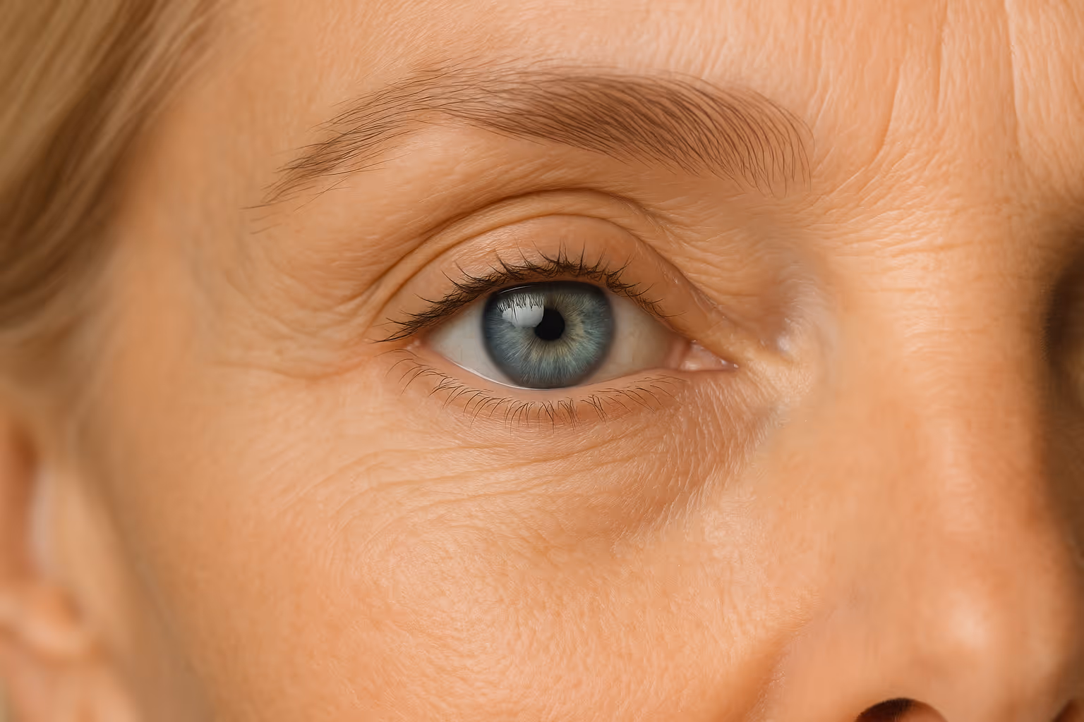Close-up of an eye with blue color of a middle-aged woman.