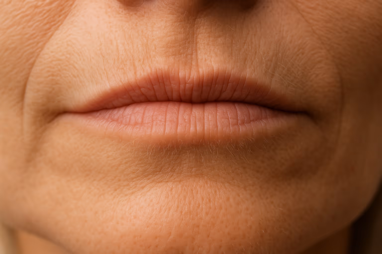 Close-up van de mond en kaaklijn van een vrouw, met zichtbare huidstructuur en fijne lijntjes.