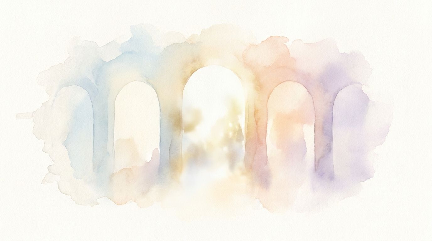 Watercolour illustration of a row of open archways receding into soft light with one brighter than the rest, representing the questions to ask a VMS vendor