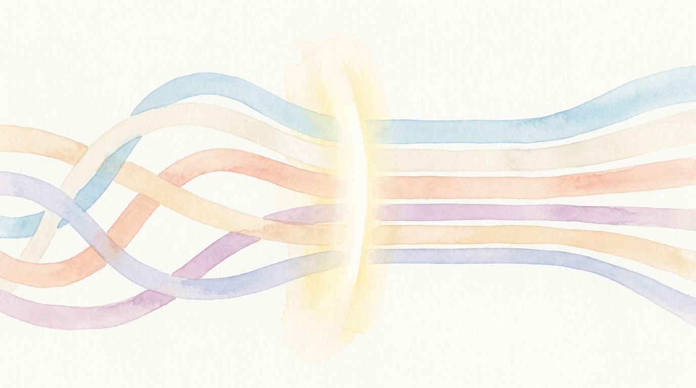 Watercolour illustration of tangled ribbons passing through a luminous band and emerging as neat parallel lines, representing what an AI-native VMS automates