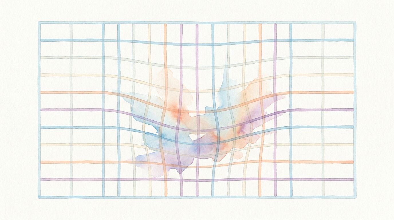 Watercolour illustration of a grid sagging and buckling under an invisible weight, representing spreadsheets failing at scale