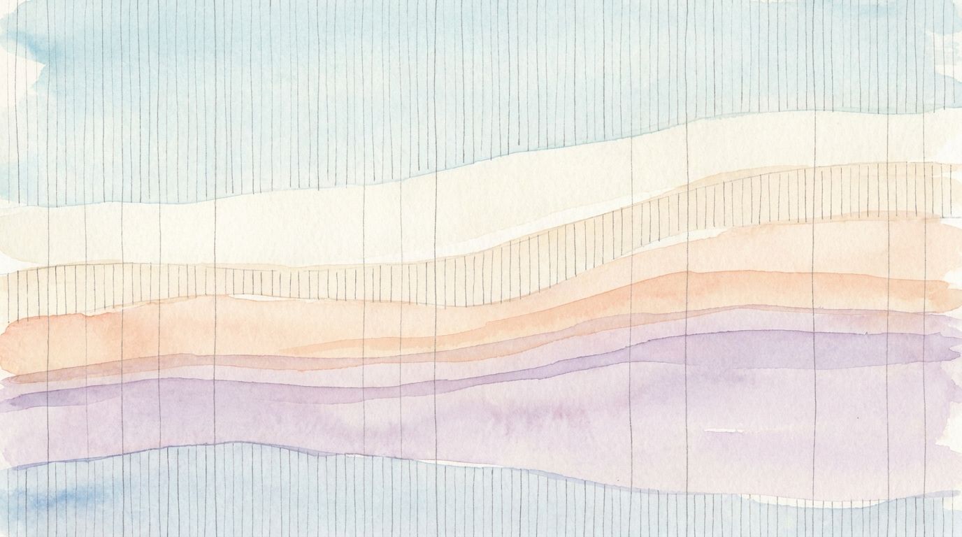 Watercolour illustration of stacked sedimentary layers threaded by fine vertical measuring lines, representing CSRD reporting across the external workforce