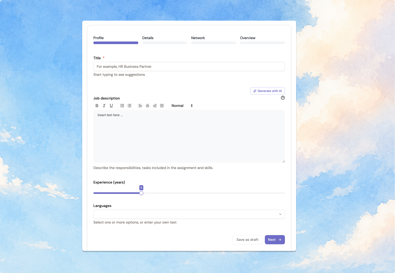 The request form open on the Profile step, with Title, Job description, Experience and Languages