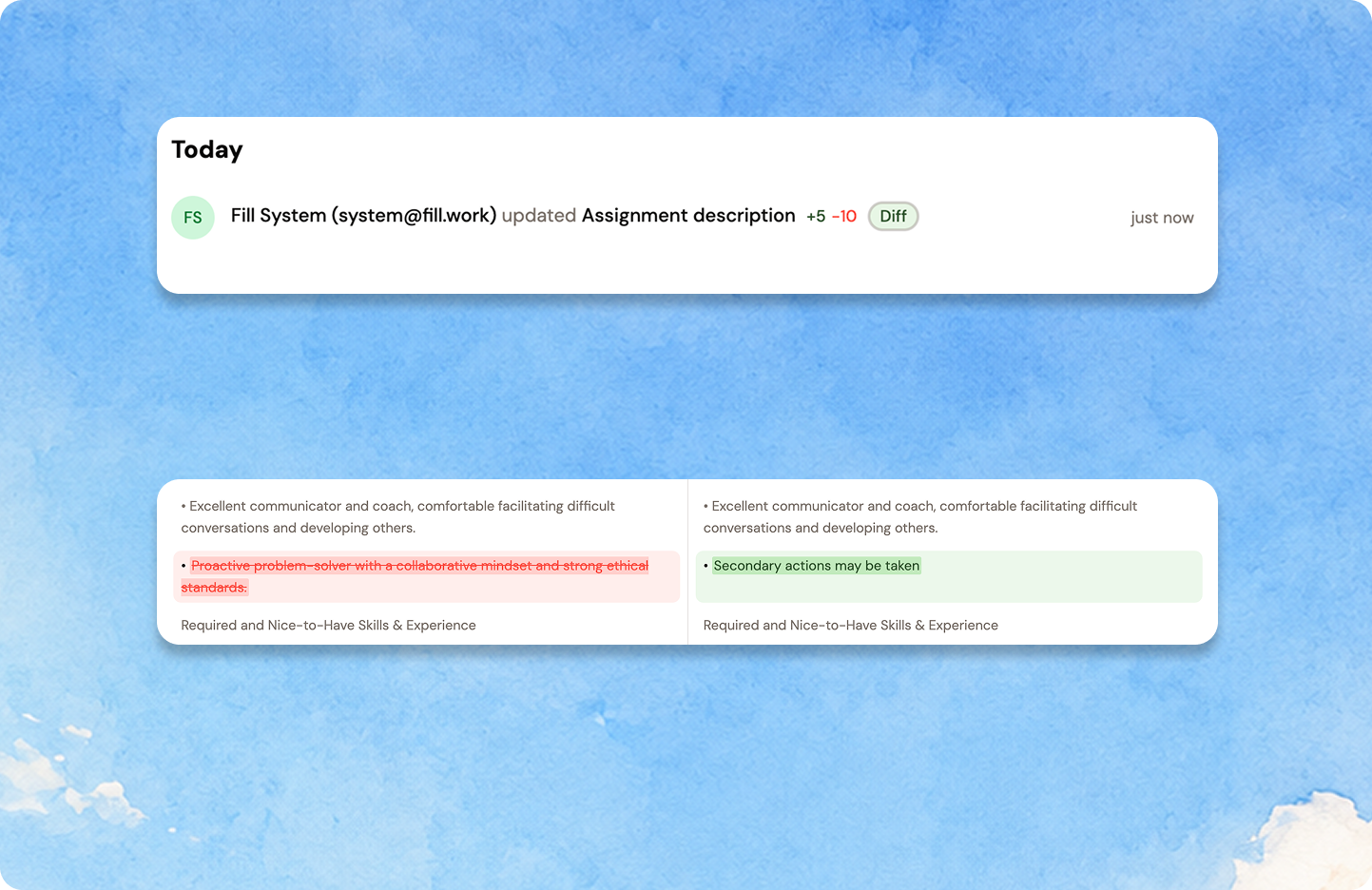 An activity-feed entry reading "updated Assignment description +5 −10" with a Diff button, above the side-by-side comparison with the removed line struck through and the added line highlighted