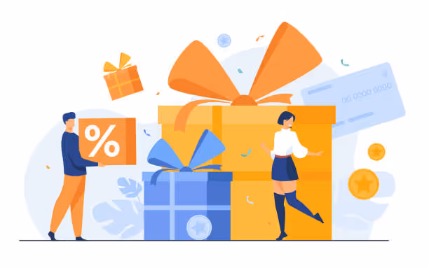 A male and female customer satisfied with gifts and discount offerings