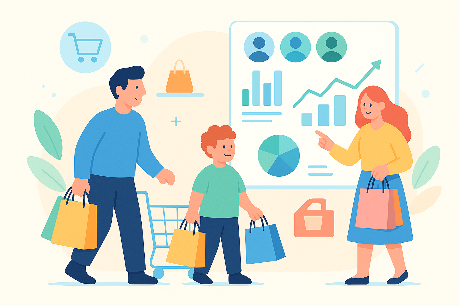 A man, a kid and a woman holding shopping bags, with spending habit analysis shown as graph and shopping carts as background