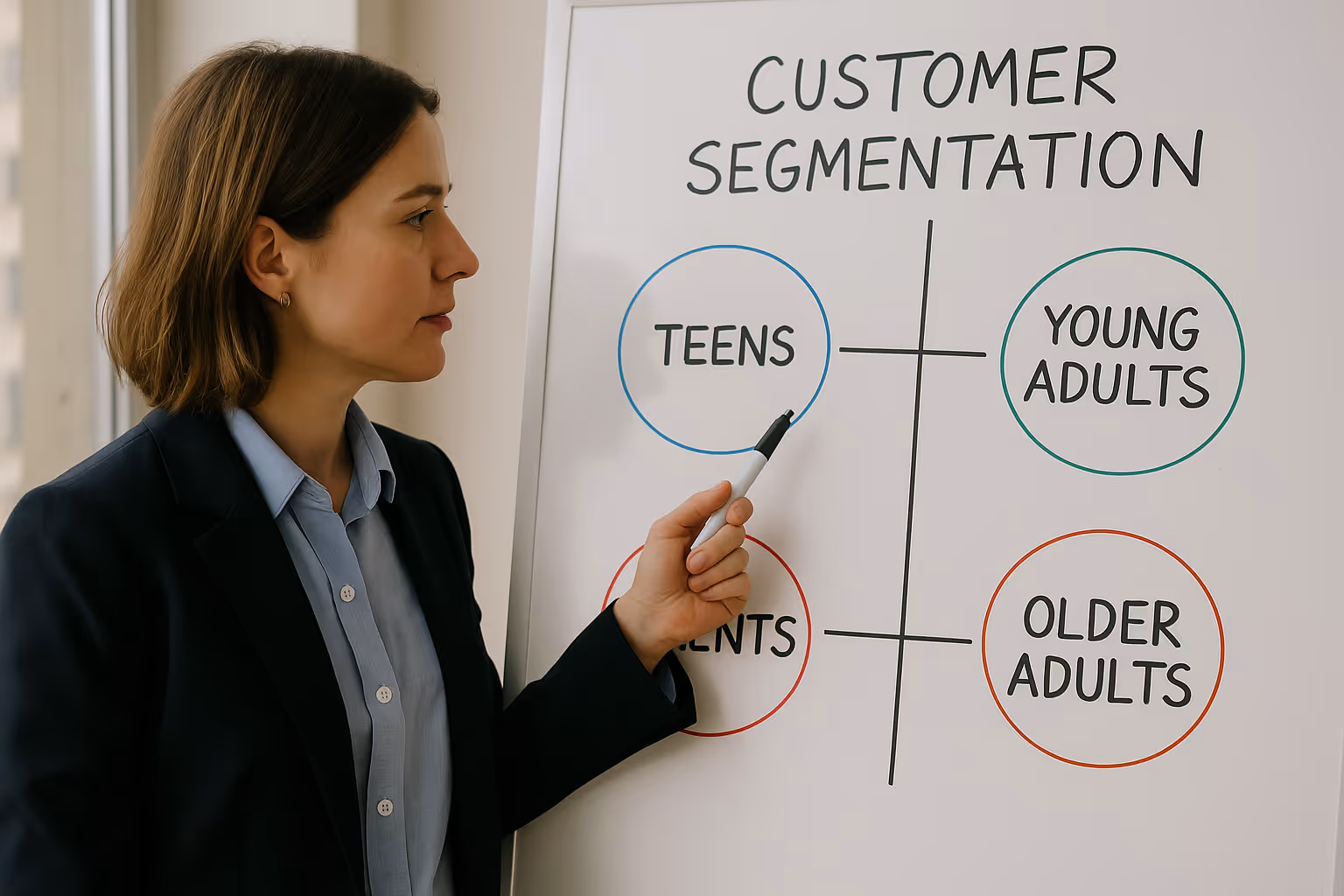 A lady on left thinking and planning about customer segmentation on a white board