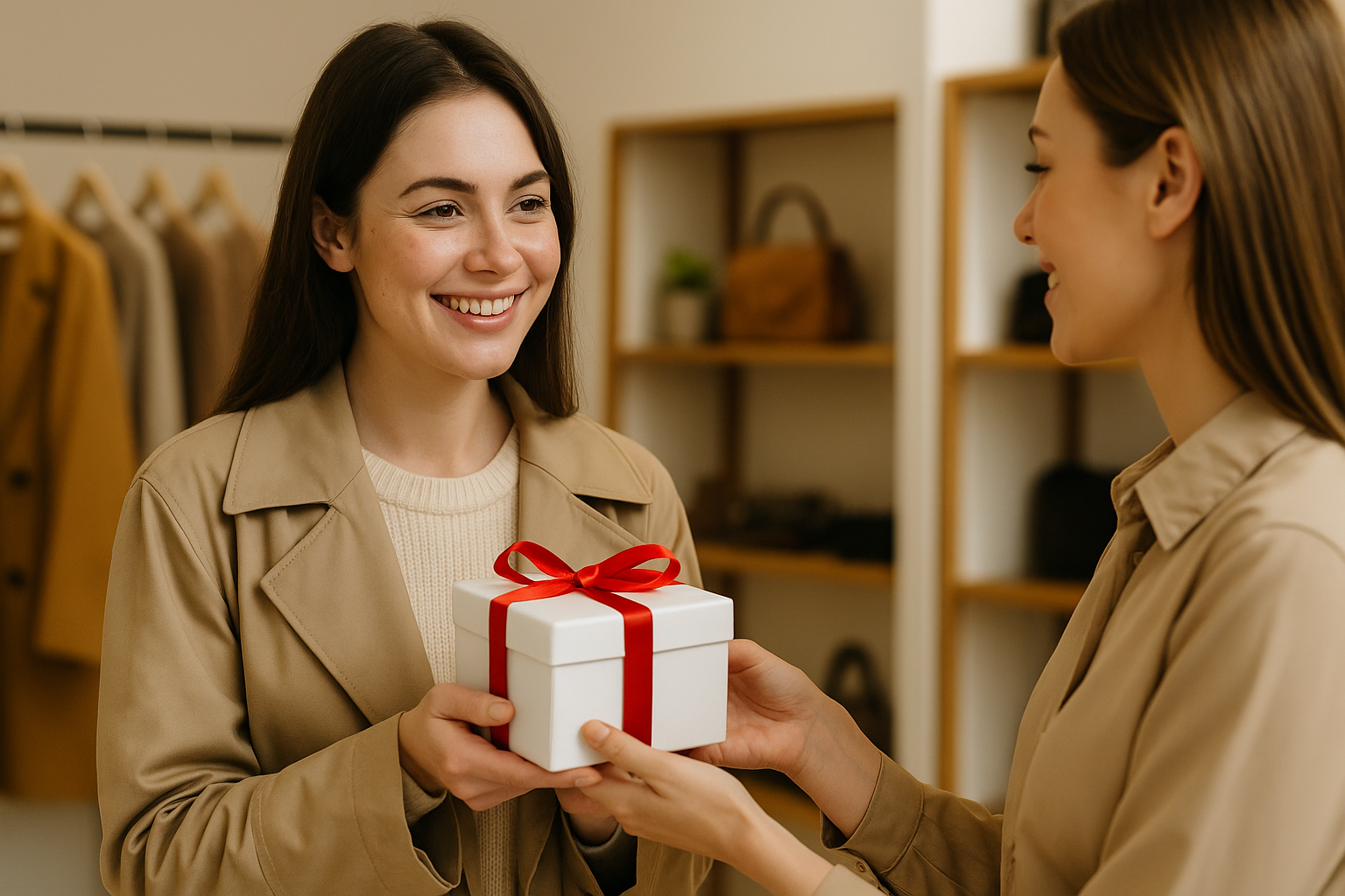 a customer on left receiving a gift happily from the shop keeper standing on right