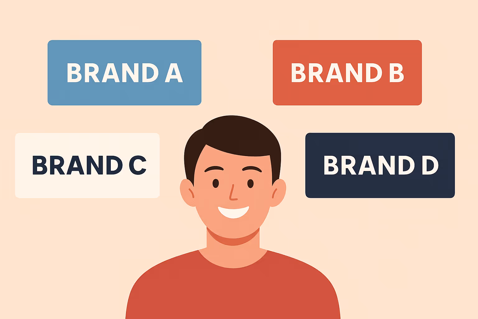 A smiling guy in centre bottom with Brand A, B, C & D surrounding him